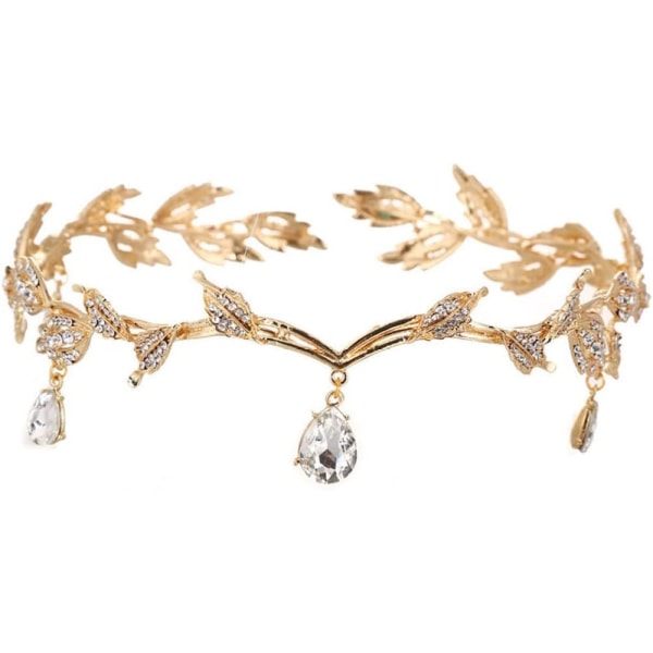 Rhinestone Leaf Pannband Golden Wedding Head Chain med Teardrop Crystal Leaf Hair Vine