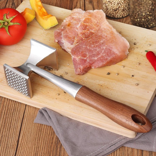 Köttmörare, kötthammare, kraftig biffhammare med trähandtag och livsmedelsklassad zinklegering, 2 i 1 köttklubba