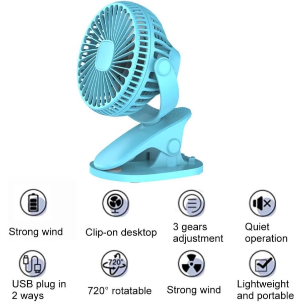 Clip on Fläkt Mini USB Fläkt 1200mAh Bärbar Uppladdningsbar Bordsbord Barnvagn Baby Fläkt Blå, Fläkt för sommaren