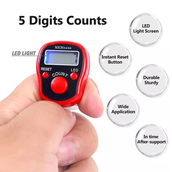 Fingerräknare - 5 digitala LED elektroniska fingerräknare, mekanisk manuell klickerräknare red