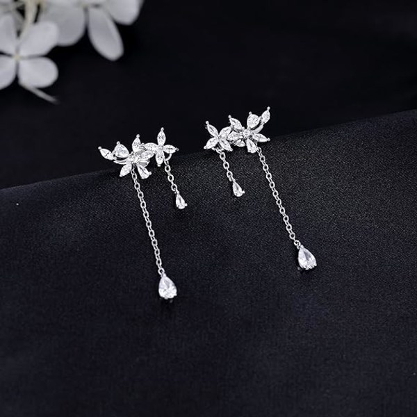925 Sterling Silver Dangle Leaves Örhängen för kvinnor Blommor Örhängen Drop Threader Tofs Örhängen Chain Crawler Earrin Ear stud