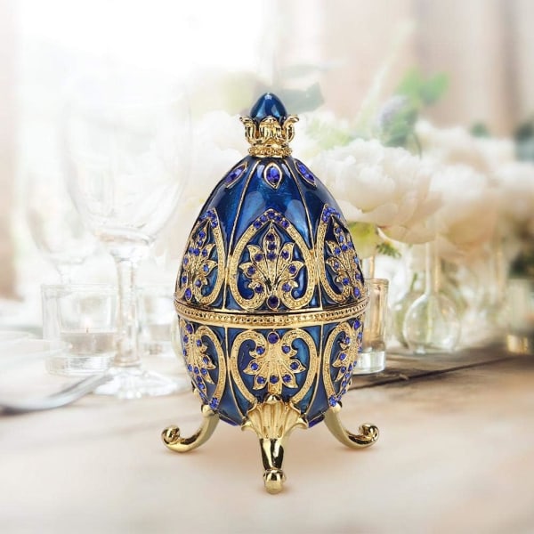 Handmålad emaljerad Faberge Egg Royal Style Diamante Egg Smyckeskrin för halsband Armband Prydnadssaker Heminredning Presenter blue