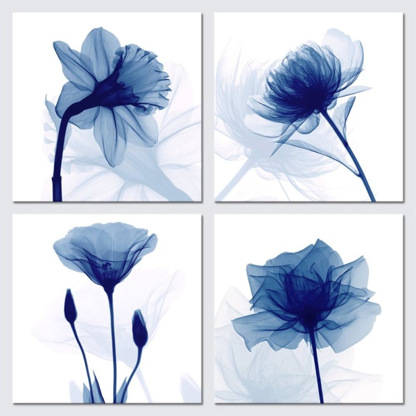 Blå flimrande blomma Moderna abstrakta målningar Canvas Väggkonst Galleri Wrapped Grace Blommiga bilder på canvastavlor 4PCS