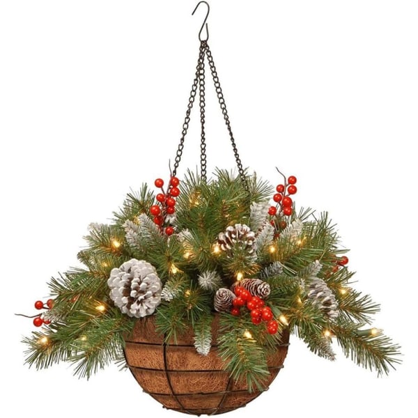 Förbelyst konstgjord hängande korg för jul, flockade hängande korgar med blandade bär med LED-lampor, förbelyst krans