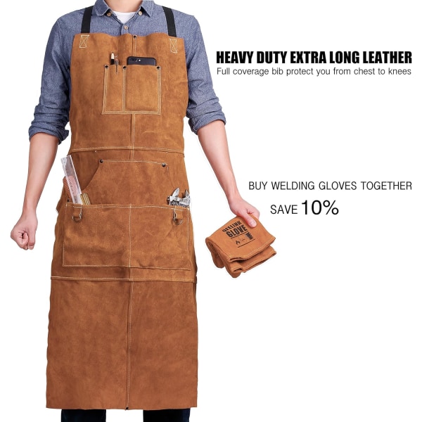 Träförkläde i läder, Träbearbetningsförkläde med 6 verktygsfickor Heavy Duty svetsförkläde för män, kvinnor Värmebeständigt brown