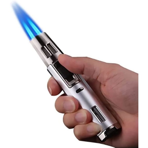 Ficklampa Refillable Butan Ficklampa Justerbar Pen Tändare Double Flame Tändare Multipurpose Silver