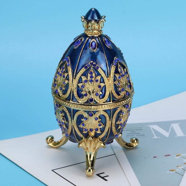 Handmålad emaljerad Faberge Egg Royal Style Diamante Egg Smyckeskrin för halsband Armband Prydnadssaker Heminredning Presenter blue