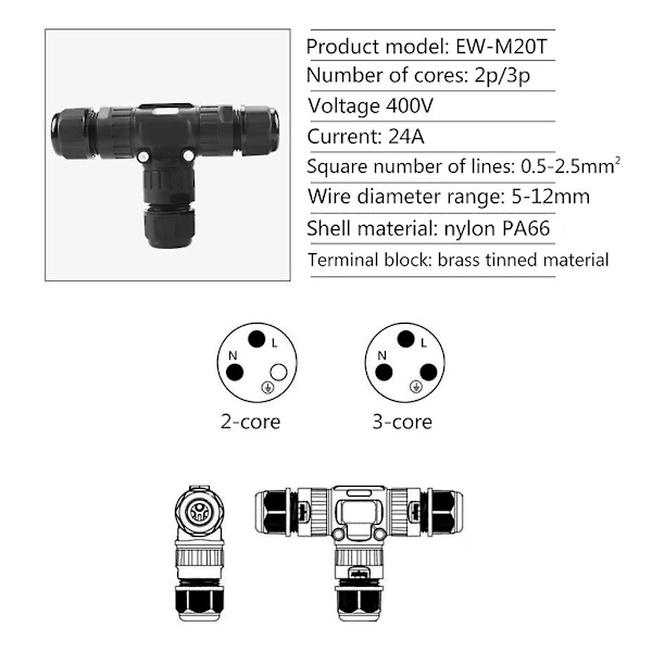 Vattentät kontakt i T-form IP68, 3-stifts snabbanslutning 2P S