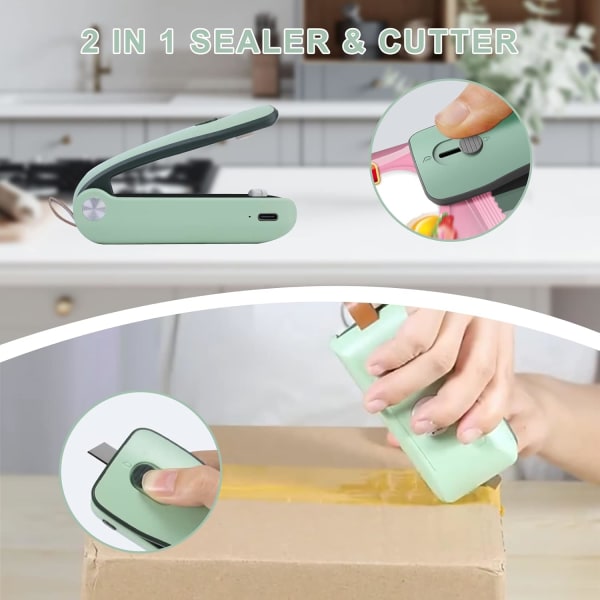 Mini-förseglare 2 i 1 Mini-påsförseglare USB-laddningsbar förseglare med skärare Mini-bärbar påsförseglare för livsmedelsförvaring green