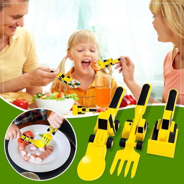 porslin 3st barn bestickset, barns kreativa byggande tema gaffel sked grävmaskin bulldozer barnleksak T