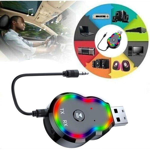 Bluetooth 5.3 USB -adapter för bil, förbättrad mikrofon och LED-ljus, extra trådlös ljudmottagare för bilmusik/hemstereo