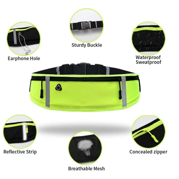 Löparbälte med vattentät justerbar elastisk rem, svetttäta midjeväskor med stor kapacitet, perfekt för löpning green