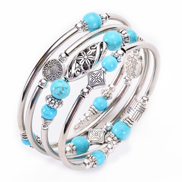 Armband med pärlor i silver för henne, bohemiska armband i lager med natursten, smyckespresenter för kvinnor turquoise