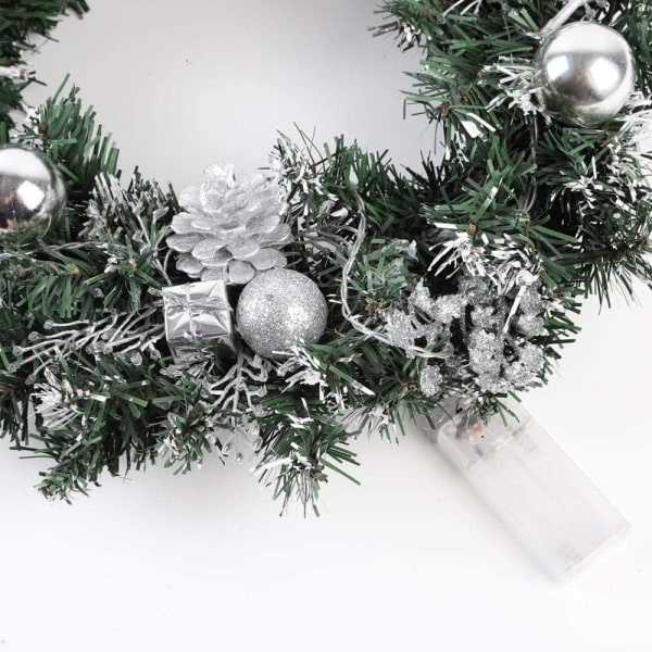 Upplyst julkrans med LED-lampor, 40 cm förbelyst dörrkrans med ornament, batteridriven konstgjord krans
