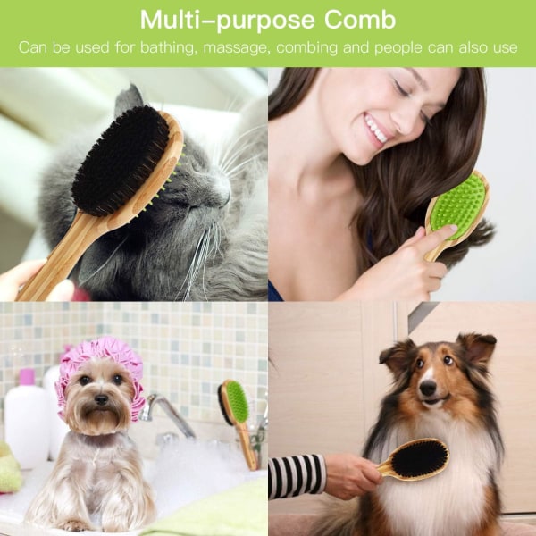 Dubbelsidig massagebadborste för husdjur - 2 i 1 silikonnål och bambukam med naturligt borst - tar bort lös päls och smuts