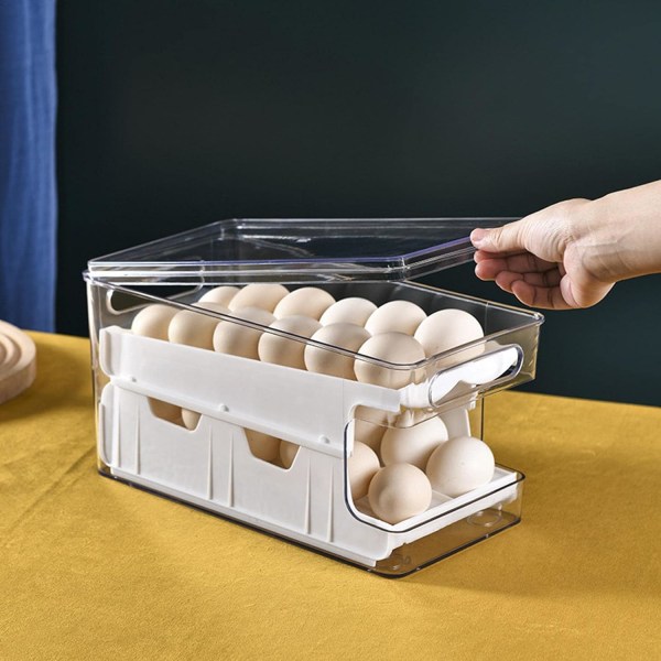 1 st Kylskåpsägghållare - Automatiska äggrullningslådor, äggbehållare med dubbla lager med lock och gliddesign Passar för
