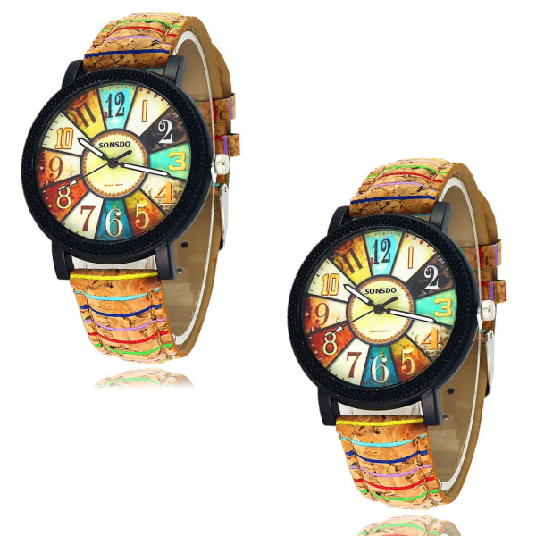 Presenter för män, herrklockor Vintage Quartz klockor för kvinnor med flerfärgat regnbågsmönster Läderarmband Casual 2