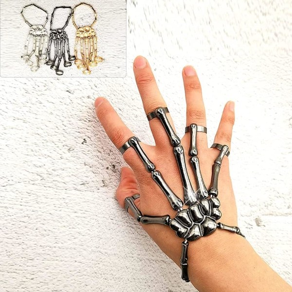 2 STK Skull Skeleton Hand Armband Metal Skelett Hand Armband Armband Benformad Armband med fingerring Lämplig för