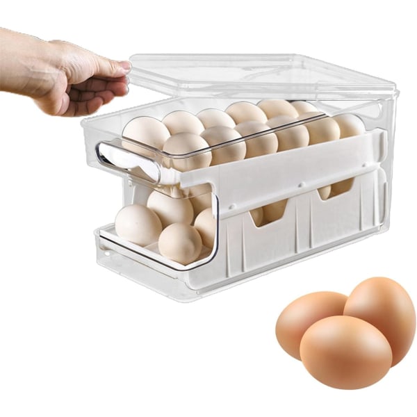 1 st Kylskåpsägghållare - Automatiska äggrullningslådor, äggbehållare med dubbla lager med lock och gliddesign Passar för