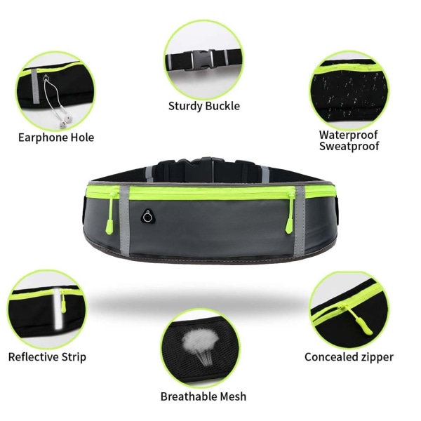 Löparbälte med vattentät justerbar elastisk rem, svetttäta midjeväskor med stor kapacitet, perfekt för löpning gray