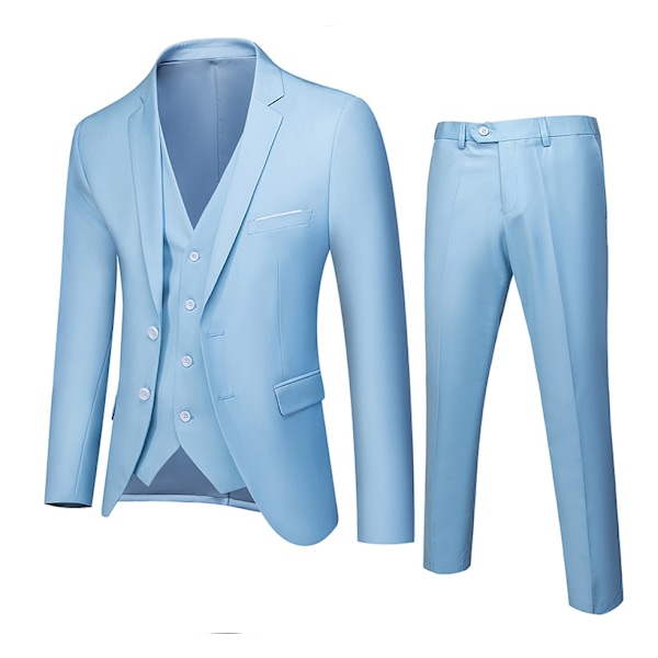Herrar 3-delad Slim Fit Kostymset, Solid Jacka Väst Byxor Light blue Light blue M