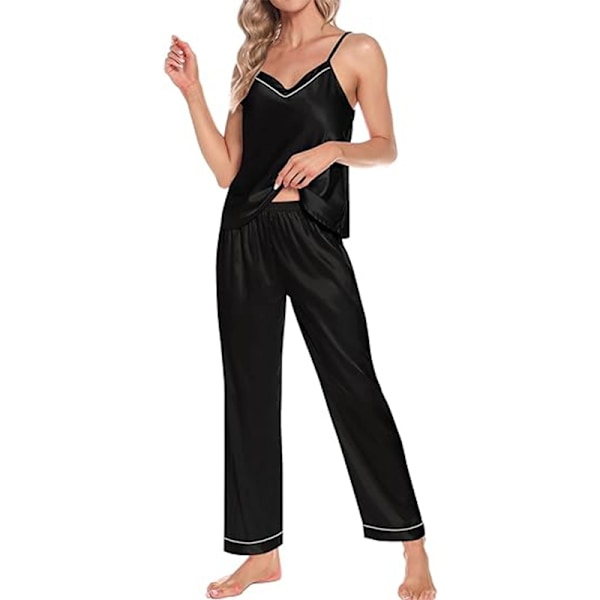 Naisten 4-osainen pyjamasetti silkki satiini yöasu seksikäs pyjama oloasu Musta Black L