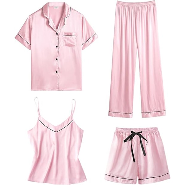 Naisten 4-osainen pyjamasetti silkki satiini yöasut seksikäs pyjama oloasu Pinkki Pink S