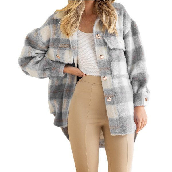 Vinter Uldfrakke Casual Ternet Flanell Shacket Jakke Oversized Knap Ned Langærmet Efterår Skjorte Jakke Frakke Toppe Jakke Kvinder PINK PINK S
