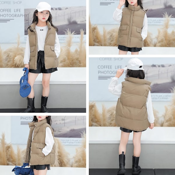 Barn Gilet Vindtät Dunväst med Sidofickor Lätt Puffer Väst för Pojke Flickor Ålder 3-10 År Beige 10-11 Years