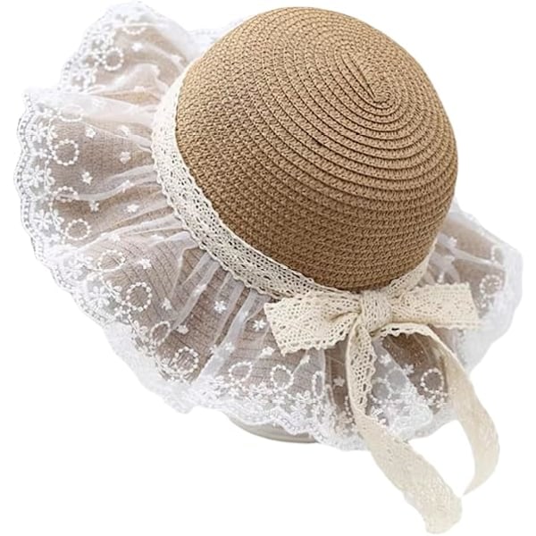 Flickor Halm Solhatt Fancy Spets Båge Princess Strandhatt Småbarn Bred Brätte Floppy UV-skydd Resa Semester Mössa Barn Halmhatt för 2-6 År Khaki