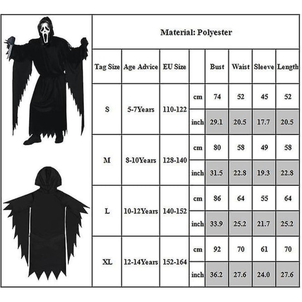 Scream Rollspelskostym för barn 5-14 år - Spöke Maskerad med Mask 10-12 Years