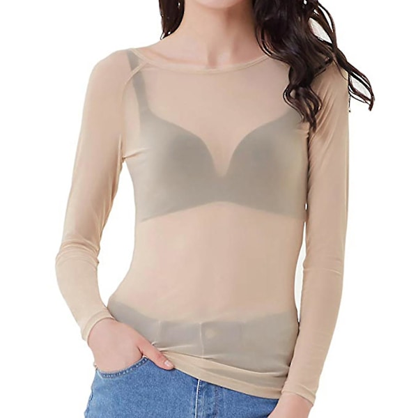 Kvinders Gennemsigtig Langærmet Sømløs Armformer Top Mesh Skjorte Bluse M