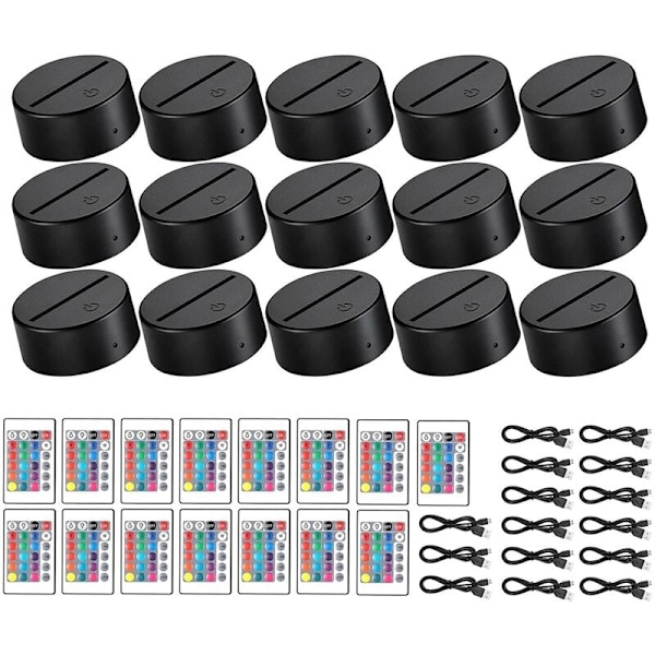 15 Sett 3D LED Nattlampe Base 16 Farger LED Display Base med USB Fjernkontroll Lysbase for Akryl