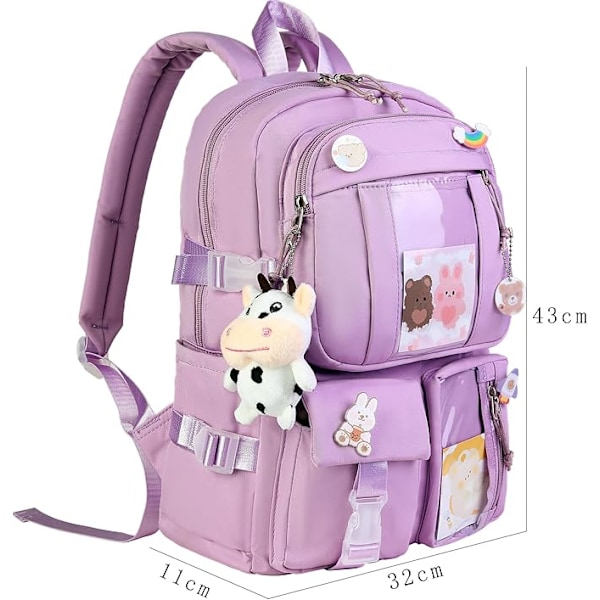 Kawaii-ryggsäck med söta pin-accessoarer, Kawaii-plyschhänge och tecknad filmkort purple