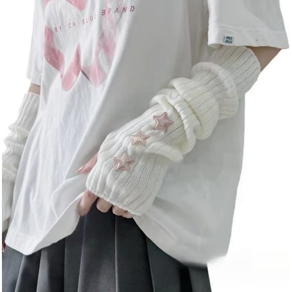 Y2K Dam Tjejer Stickade Armvärmare Japanska Harajuke Cosplay Lolita Söta Fingerlösa Vantar Tumhål Handskar White