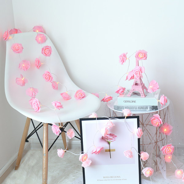 5m/10m LED ljusslinga romantisk balkong konstgjord ros sovrum pink