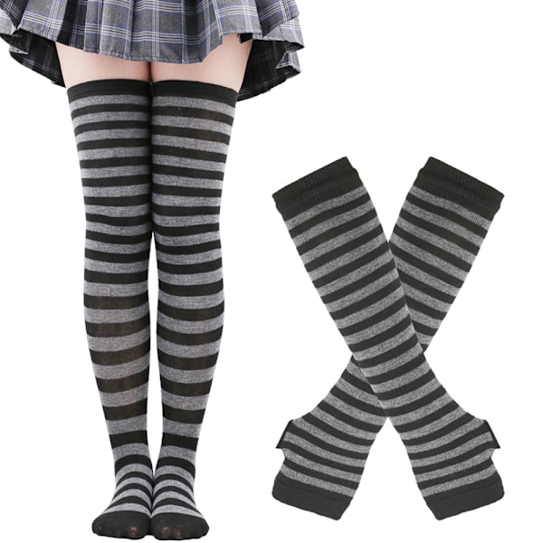 Pitkät neulotut lapaset polvikorkeat raidalliset sukat leggingsit juhla-asu asusteet 2 parin setti, musta ja violetti, One Size harmaa gray