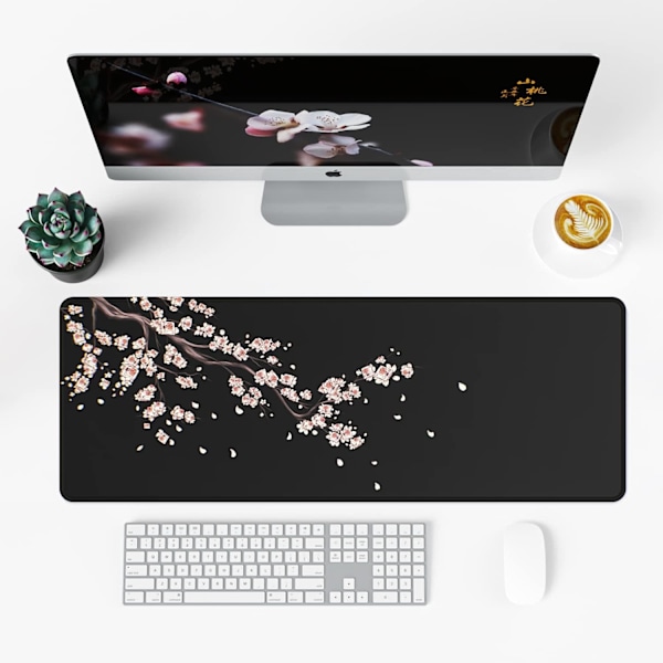 Svart japansk plommonblommor musmatta förlängd stor musmatta skrivbordsunderlägg, sydd kant musmatta, halkfri gummi
