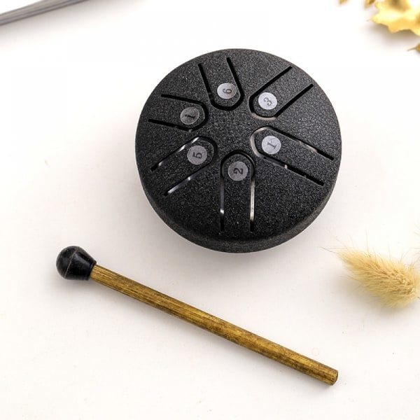 Buddha Stones Mini Steel Tongue Drum 3 tum ljudläkande trumset, 6 toner bekymmersfri trumma, bekymmersfri trumma, handpan black