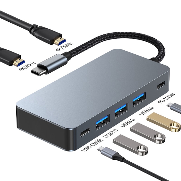 USB dockningsstation, 7-i-1 USB C Hub HD Aluminium Snabbladdning PD Grå
