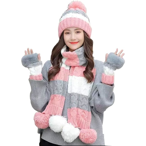 Warm Winter Women's Warm Stickad Beanie Hat Handskar Scarf 3-delat set