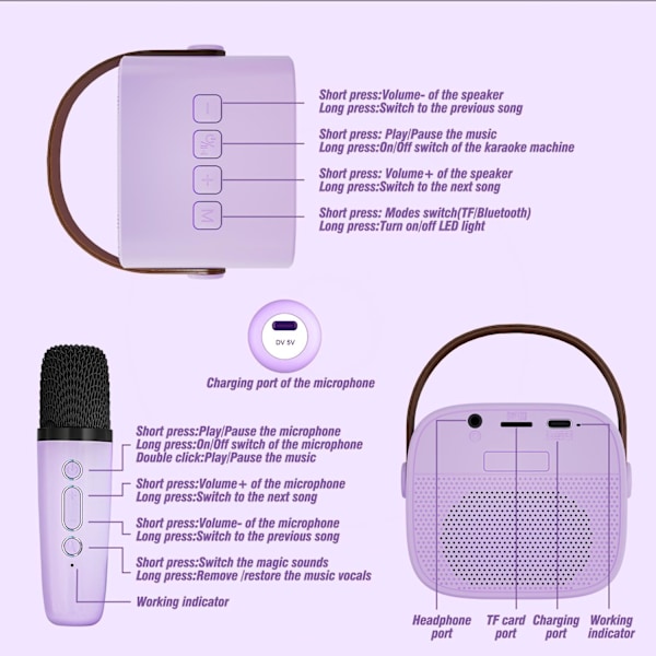 Karaokemaskin för barn och vuxna, bärbar Bluetooth-högtalare med trådlös mikrofon (lila) Purple 1 Mic