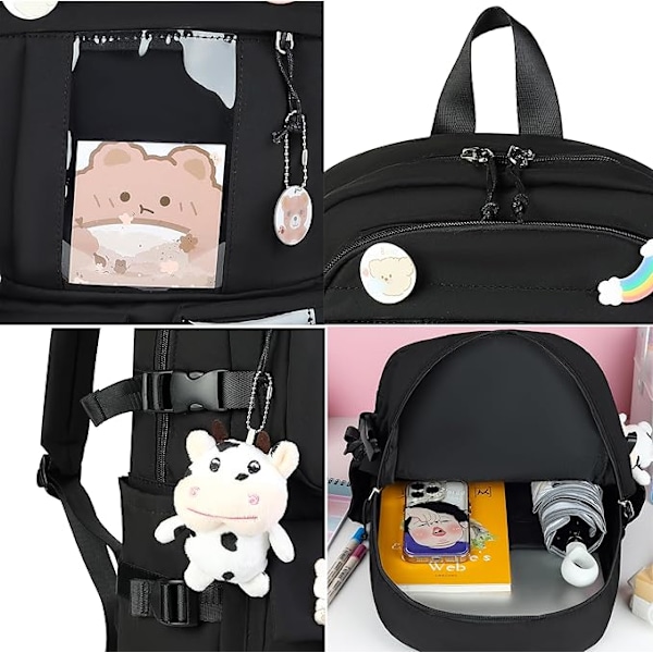 Kawaii-ryggsäck med söta pin-accessoarer, Kawaii-plyschhänge och tecknad filmkort Black