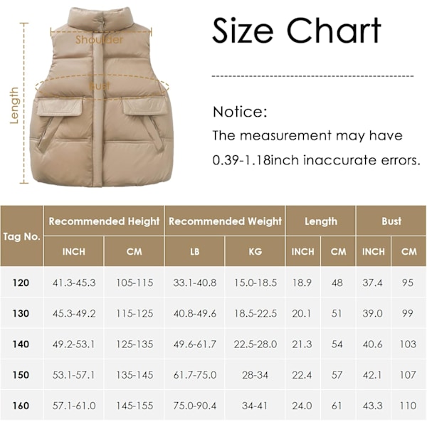 Barn Gilet Vindtät Dunväst med Sidofickor Lätt Puffer Väst för Pojke Flickor Ålder 3-10 År Beige 6-7 Years