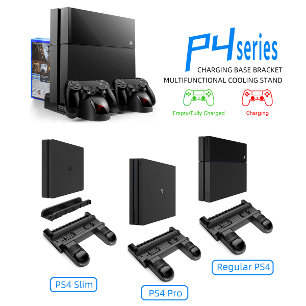 PS4 Stativ Kylfläkt Station för Playstation 4/PS4 Slim/PS4 Pro, PS4 Pro Vertikal Stativ med 12 Spelplatser