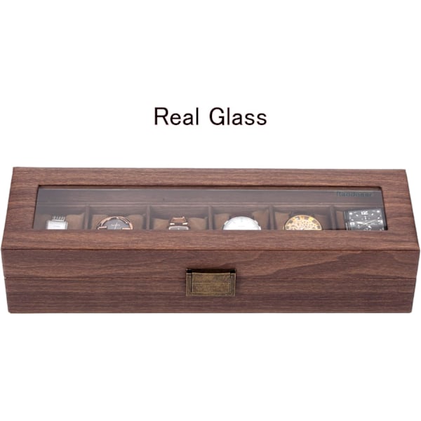 Etui för 6 klockor/display/låda/förvaring för klockor i PU och trä mönstrat glas