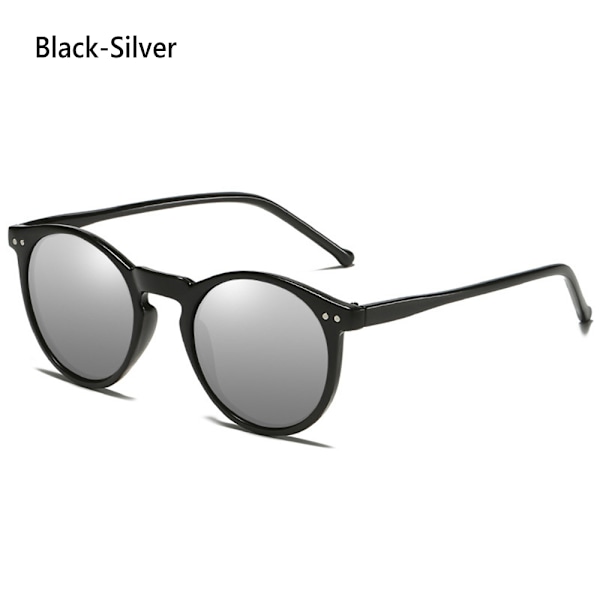 Unisex runde polariserede solbriller briller solbriller UV400 rund ramme retro Sort-Sølv Black-Silver