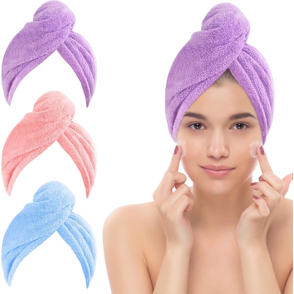 3-pack handduk för hårturban, mikrofiberhandduk med knapp, superabsorberande, anti-frizz, snabb torkning, hårturban