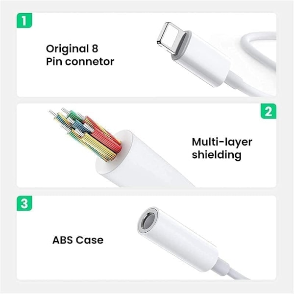 2x Lightning till 3,5 mm adapter för hörlurar Vit White one size