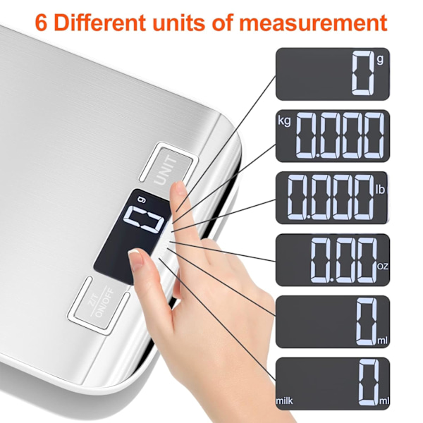10 kg/1 g köksvåg, elektronisk digitalvåg i rostfritt stål med LCD-display och tareringsfunktion, automatisk precisionsvåg med 6 enheter